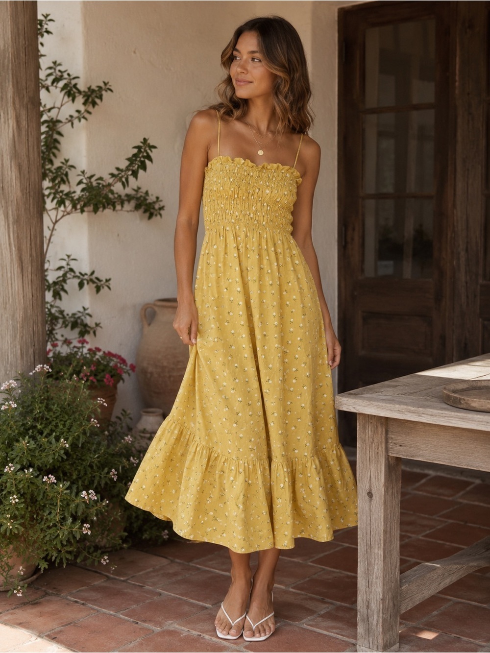 Line & Dot Yellow Floral Smocked Midi Dress Cottagecore XS (stretch to ptp 20")